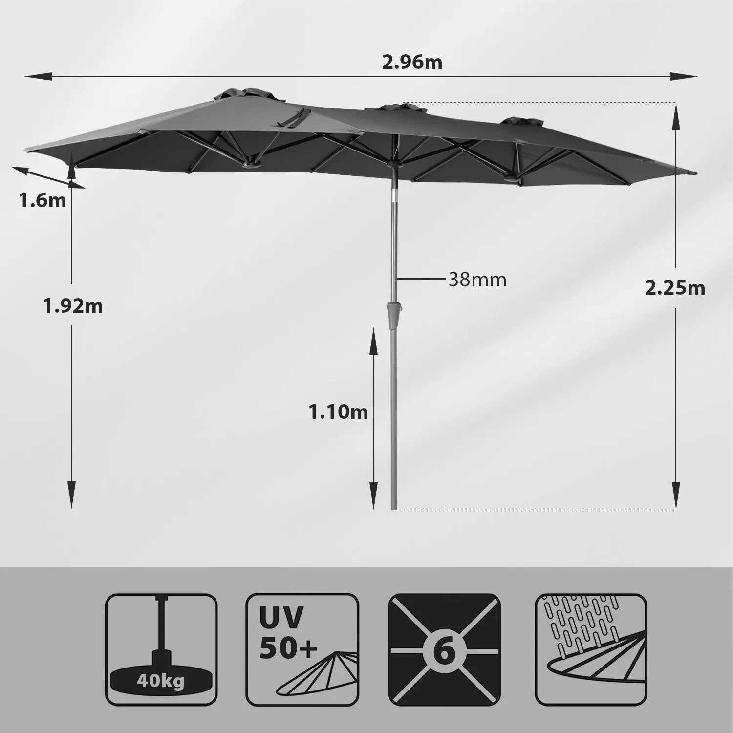 Sekey 300 x 160 cm Doppelsonnenschirm mit Kurbel, UV50+ Sekey