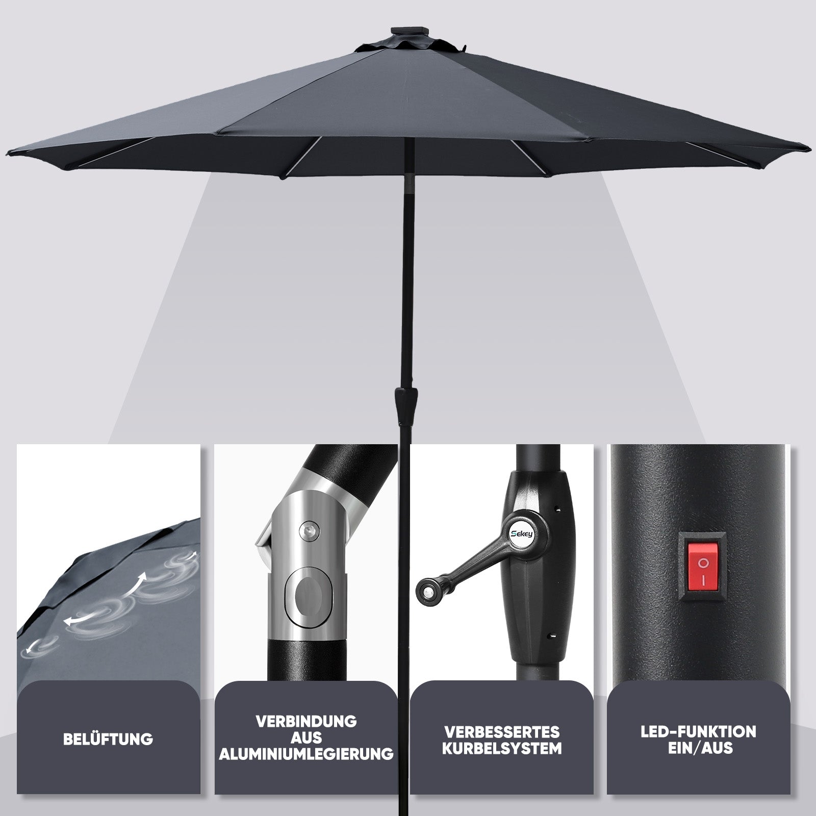 Sekey Solar-LED Sonnenschirm 300cm mit 40 LED, UV 50+, Alu-Sonnenschirm mit Kurbel Sekey