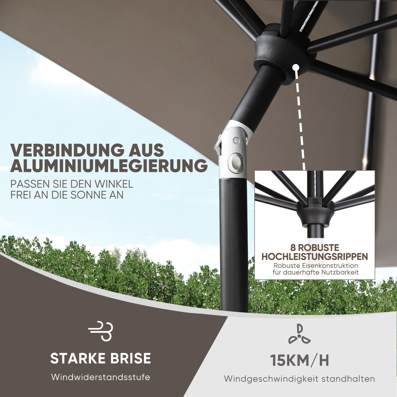 Sonnenschirm 330cm Alu Gartenschirm 8-eckiger Marktschirm mit Kurbel Sekey