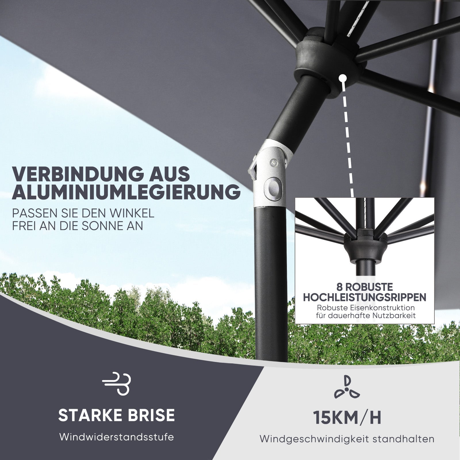 Sonnenschirm 330cm Alu Gartenschirm 8-eckiger Marktschirm mit Kurbel Sekey