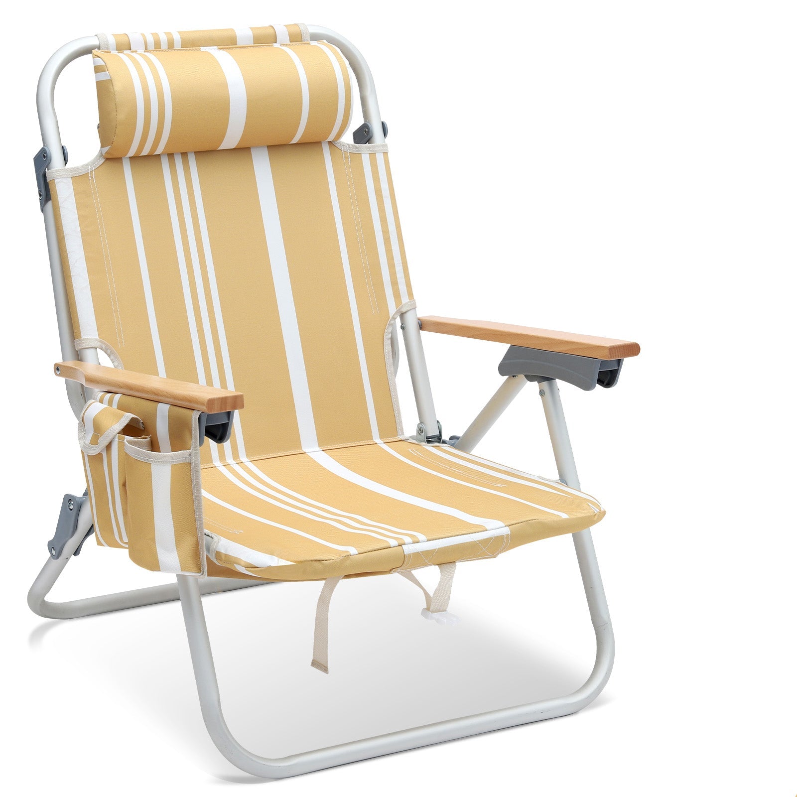 Sekey Faltbarer Aluminium-Strandstuhl mit verstellbarer Rückenlehne & Teakholz-Armlehnen – mit Kühltasche & Zubehör Sekey