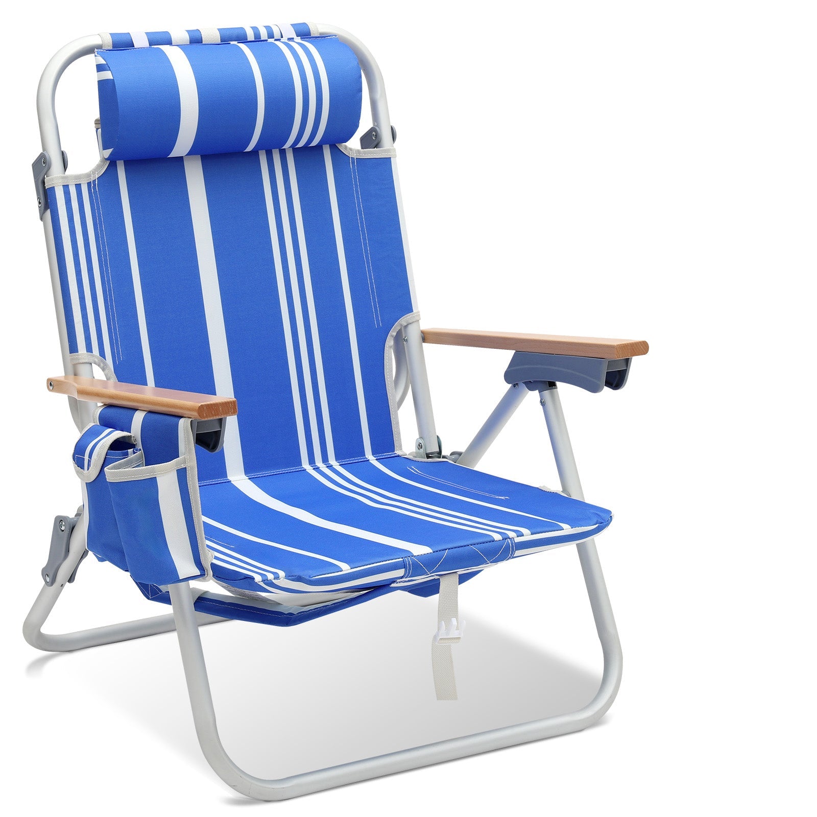 Sekey Faltbarer Aluminium-Strandstuhl mit verstellbarer Rückenlehne & Teakholz-Armlehnen – mit Kühltasche & Zubehör Sekey