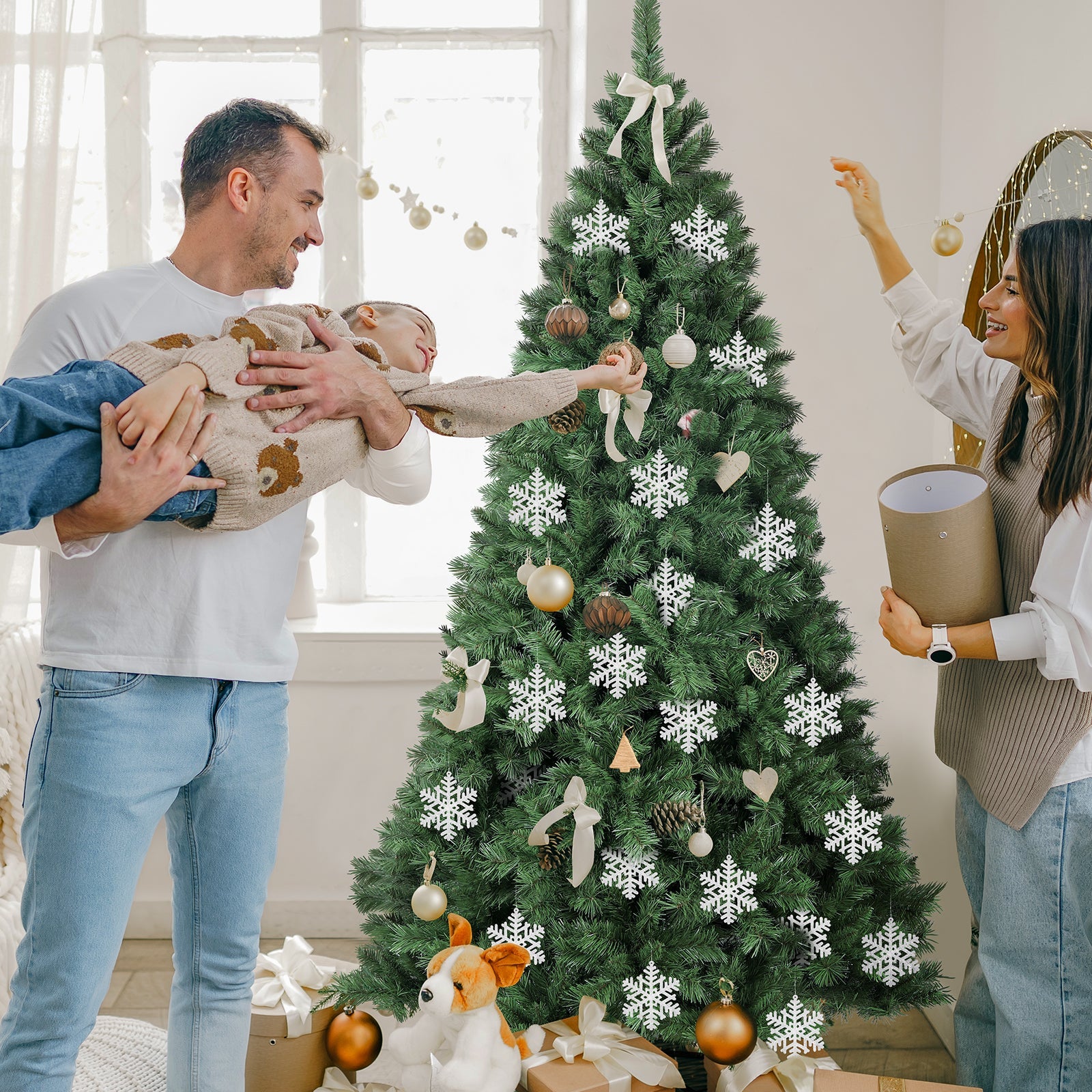 Salcar 24 Stück Schneeflocken Weihnachtsdeko – Weiße Glitter Schneeflocken Anhänger Ø10cm, Wiederverwendbarer Baumschmuck für Weihnachtsbaum & Winterfeier Salcar