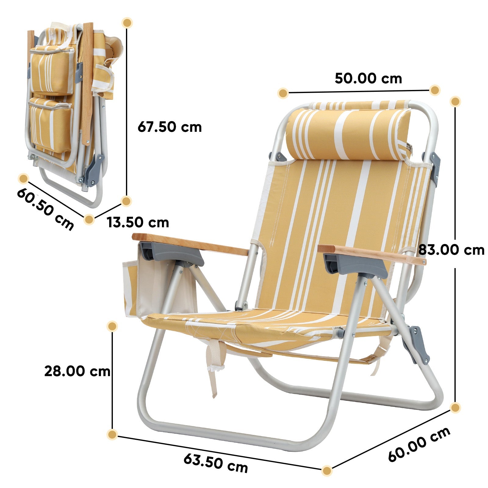 Sekey Faltbarer Aluminium-Strandstuhl mit verstellbarer Rückenlehne & Teakholz-Armlehnen – mit Kühltasche & Zubehör Sekey