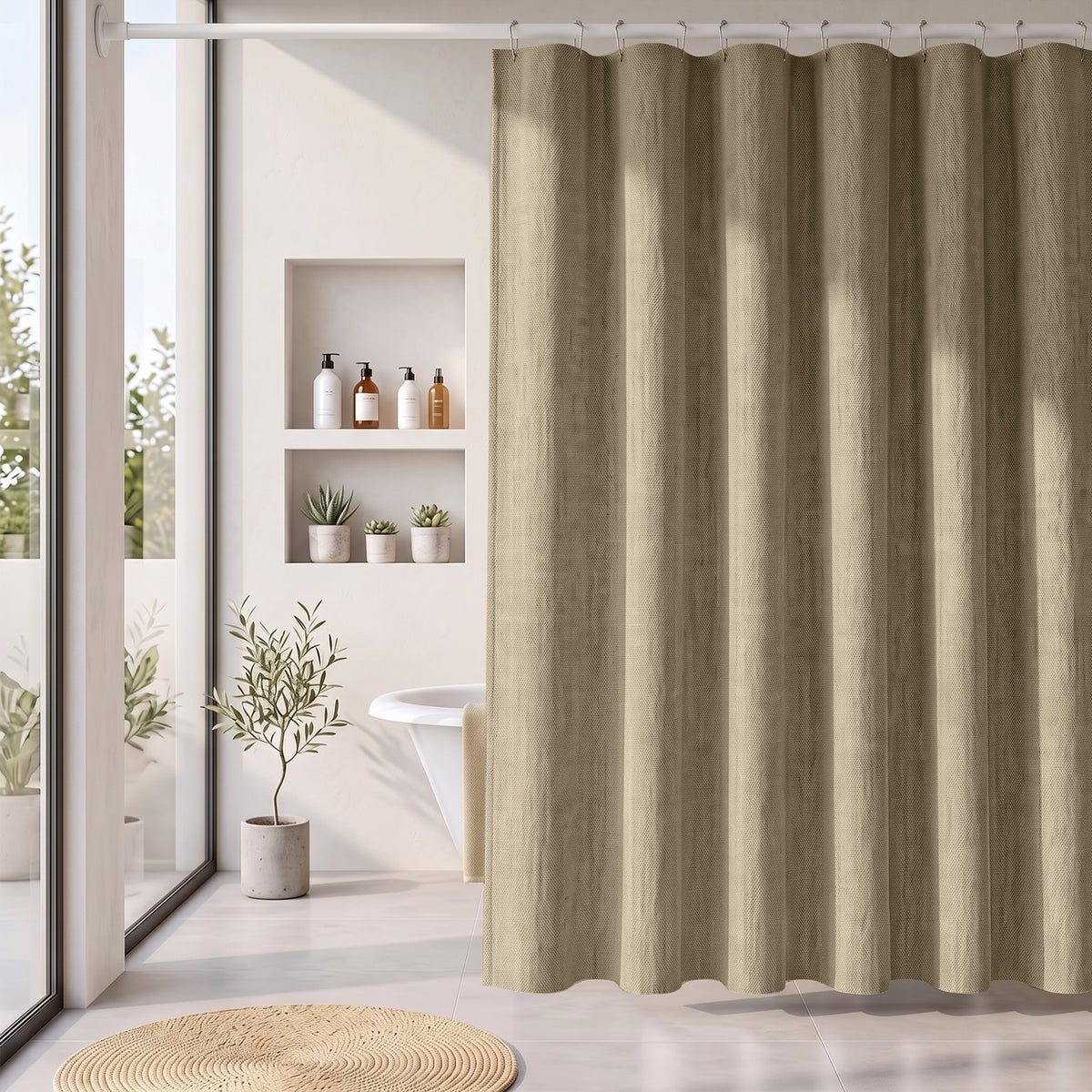 Sekey Hellbraun Duschvorhang 180 × 200 cm, Textil Badewannenvorhang in Leinenoptik, Wasserabweisend & Waschbar, 100 % Polyester, mit Beschwerungsband & 12 Edelstahlringen