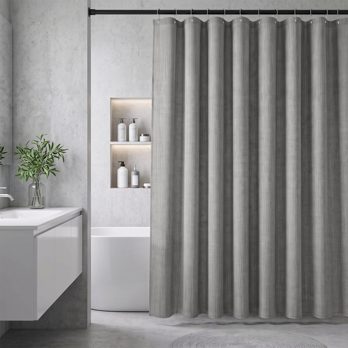 Sekey Hellgrau Duschvorhang 180 × 200 cm, Textil Badewannenvorhang in Leinenoptik, Wasserabweisend & Waschbar, 100 % Polyester, mit Beschwerungsband & 12 Edelstahlringen