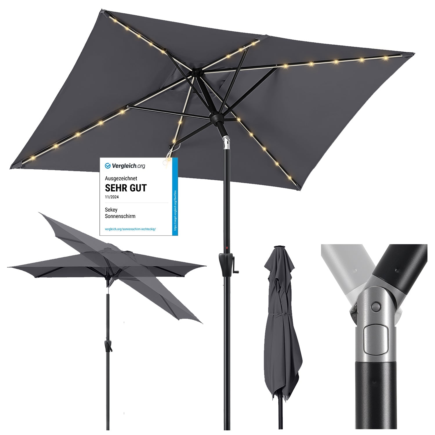 Sekey Sonnenschirm 300 x 200 cm Rechteckig Gartenschirm mit LED-Solar-Beleuchtung Sekey