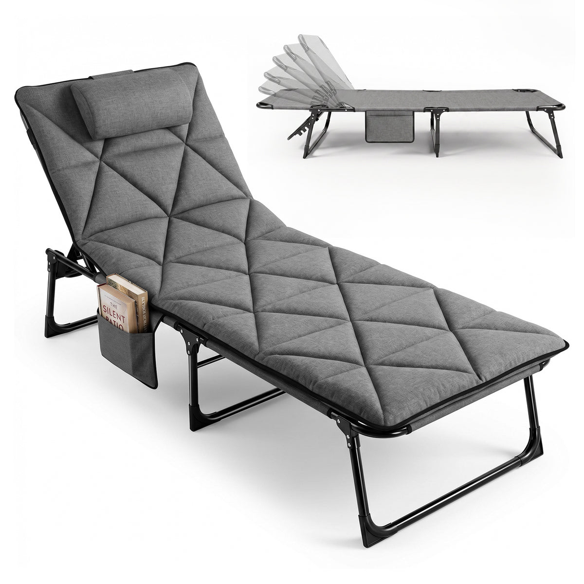 Sekey Campingliege Klappliege klappbar mit Matratze & Kopfkissen, 6-fach verstellbare Rückenlehne, Feldbett bis 150 kg, Gartenliege, Sonnenliege & Gästebett 190 × 68 cm