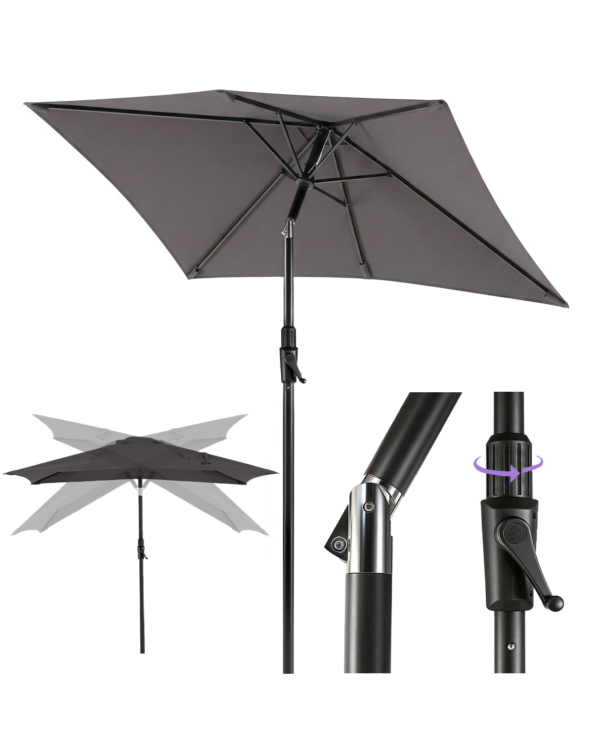 Sekey Sonnenschirm Rechteck 210x140 cm mit Kurbel & Auto-Neigung – stabiler Balkon Sonnenschirm 38 mm Stahlrohr, UV-Schutz Marktschirm für Garten & Terrasse