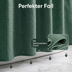 Sekey Dunkelgrün Duschvorhang 180 × 200 cm, Textil Badewannenvorhang mit Waffelstruktur, Wasserabweisend & Waschbar, 100 % Polyester, mit Beschwerungsband & 12 Edelstahlringen