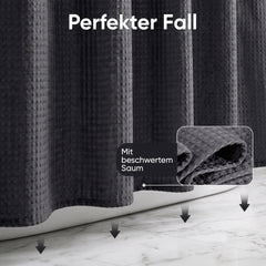 Sekey Schwarz Duschvorhang 180 × 200 cm, Textil Badewannenvorhang mit Waffelstruktur, Wasserabweisend & Waschbar, 100 % Polyester, mit Beschwerungsband & 12 Edelstahlringen