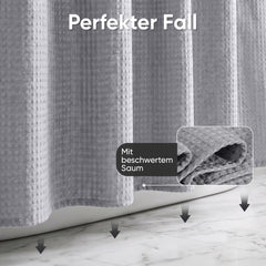 Sekey Grau Duschvorhang 180 × 200 cm, Textil Badewannenvorhang mit Waffelstruktur, Wasserabweisend & Waschbar, 100 % Polyester, mit Beschwerungsband & 12 Edelstahlringen
