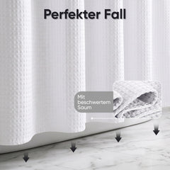 Sekey Weiß Duschvorhang 180 × 200 cm, Textil Badewannenvorhang mit Waffelstruktur, Wasserabweisend & Waschbar, 100 % Polyester, mit Beschwerungsband & 12 Edelstahlringen（副本）