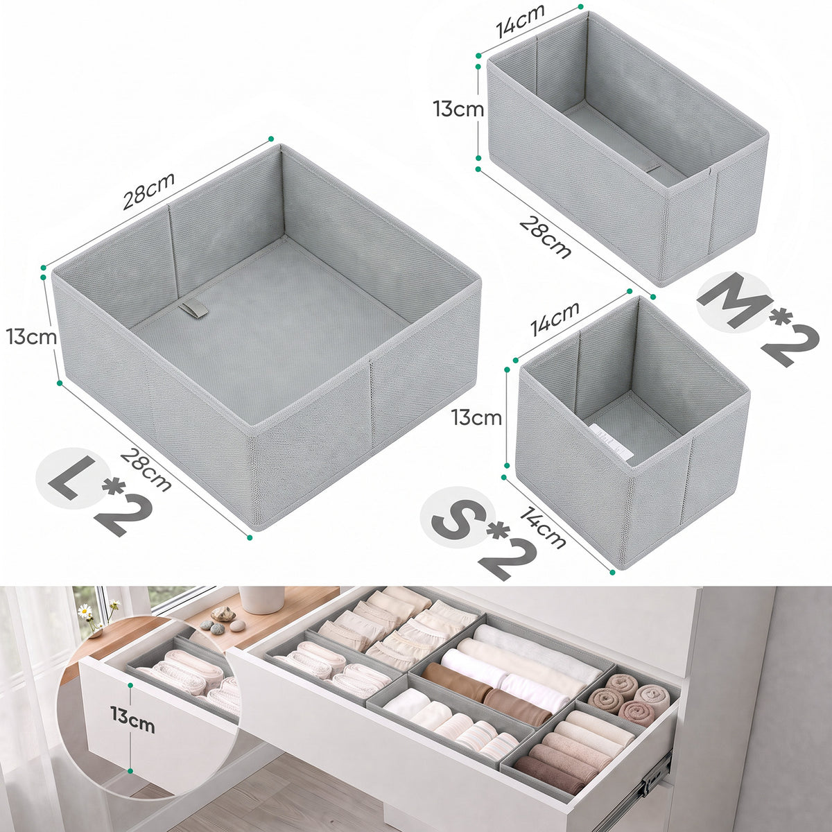 Sekey Aufbewahrungsboxen Set 6er Set aus Vliesstoff – Faltbare Stoffboxen Organizer für Schubladen & Regale, Hellgrau, Größenmix S für Kleidung, Unterwäsche & Accessoires