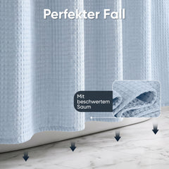 Sekey Nebelblau Duschvorhang 180 × 200 cm, Textil Badewannenvorhang mit Waffelstruktur, Wasserabweisend & Waschbar, 100 % Polyester, mit Beschwerungsband & 12 Edelstahlringen