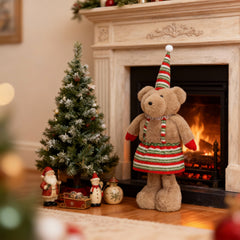 Salcar Weihnachtsfigur Plüsch-Bär 55–70 cm – Stehende Weihnachtsdeko mit verstellbaren Teleskopbeinen, Weicher Plüschbär für Kamin, Fensterbank & Wohnzimmer
