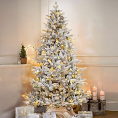 Artificial Christmas tree with snow and LED lighting – Realistic fir tree with metal stand, 180 cm / 210 cm, warm white light