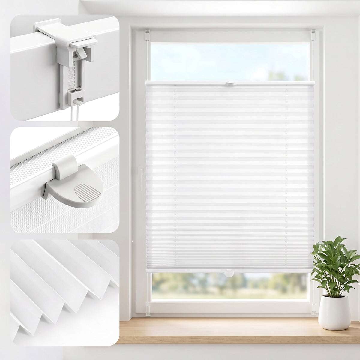 Salcar Plissee ohne Bohren Weiß – Klemmfix Faltrollo lichtdurchlässig & blickdicht, stufenlos verstellbar mit Aluminium-Schienen für Fenster & Türen