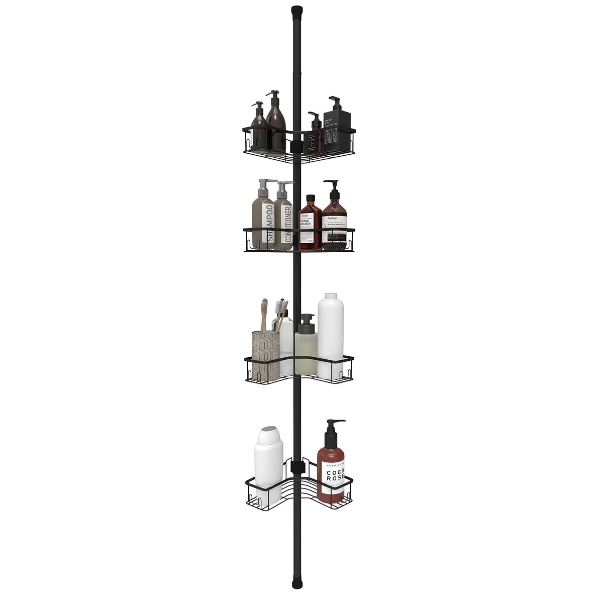 Sekey Duschregal Ohne Bohren – Höhenverstellbares Eck-Duschregal 79–315 cm mit 4 Körben & Klicksystem, Stabiles Teleskop-Dusch-Organizer für Badezimmer
