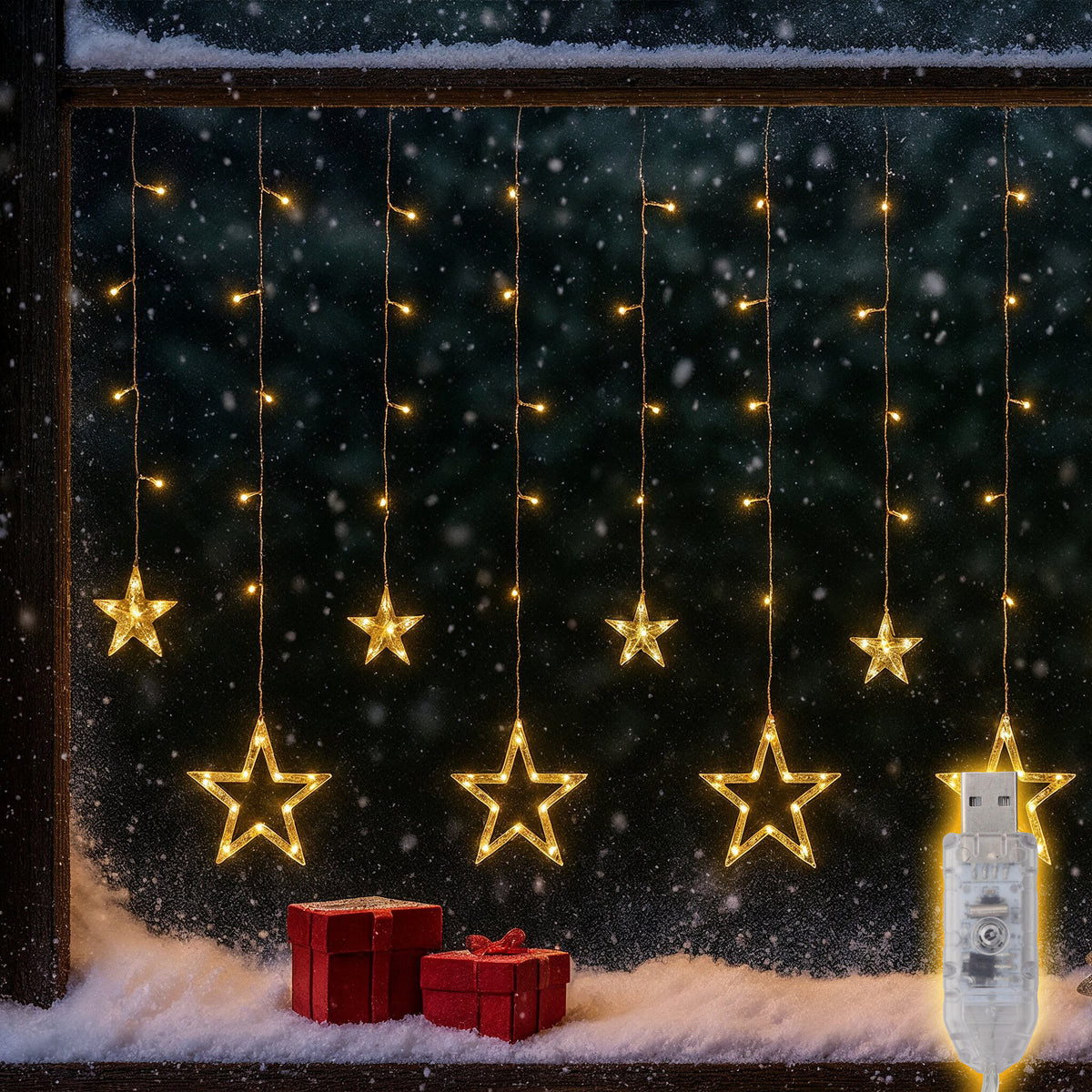 Salcar LED Sterne Lichtervorhang 1m x 1m mit 69 LEDs & 6 Sternen – Warmweiß, 8 Modi, USB, Weihnachts- & Partydeko