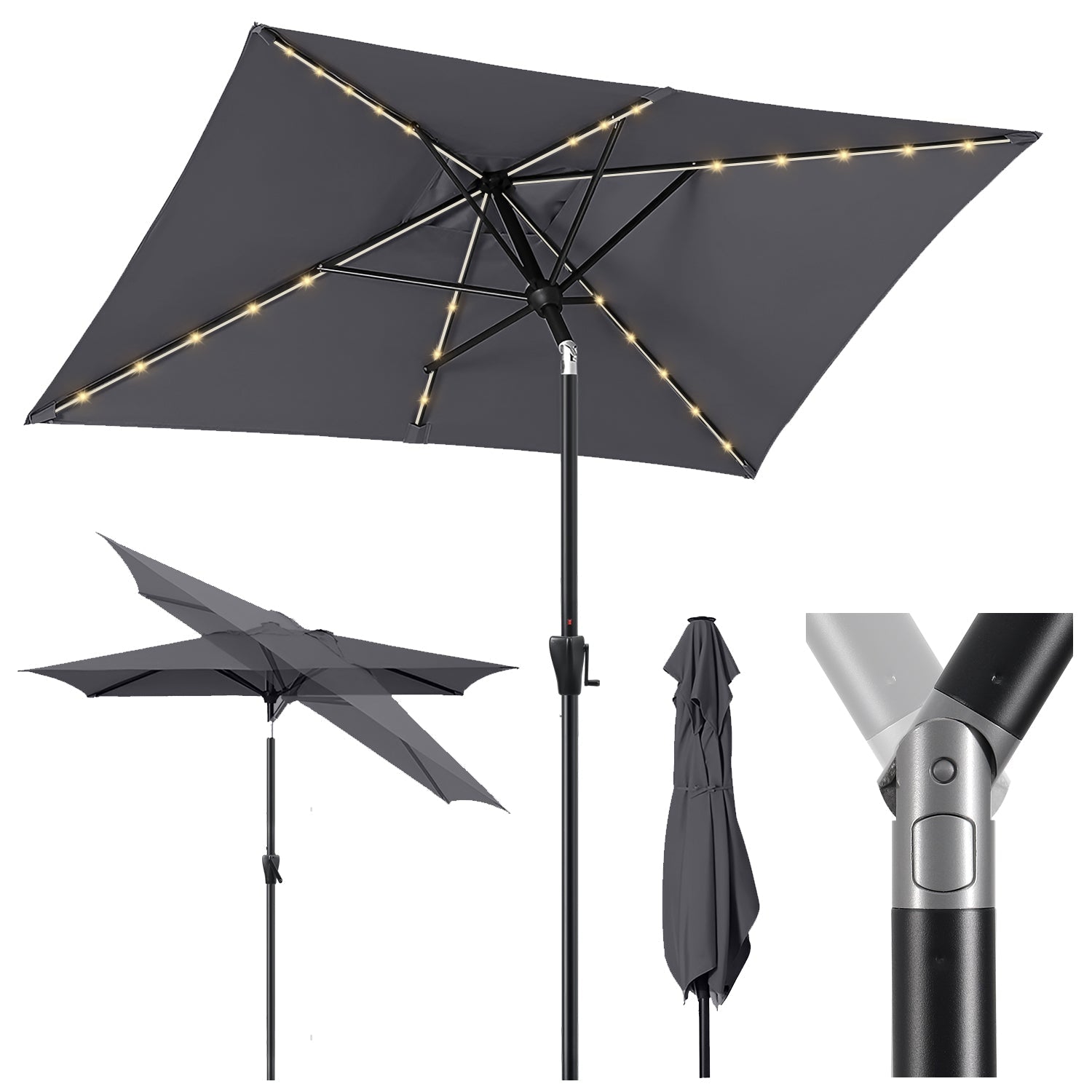 Sekey Sonnenschirm 300 x 200 cm Rechteckig Gartenschirm mit LED-Solar-Beleuchtung Sekey