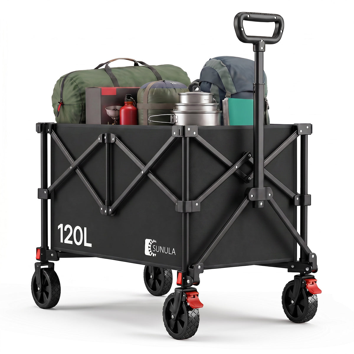 Sunula K2 Bollerwagen 120 L – Faltbarer Handwagen mit 80 kg Tragkraft, 360°-Rädern & Bremse, 4-seitig klappbar  Produktbeschreibung
