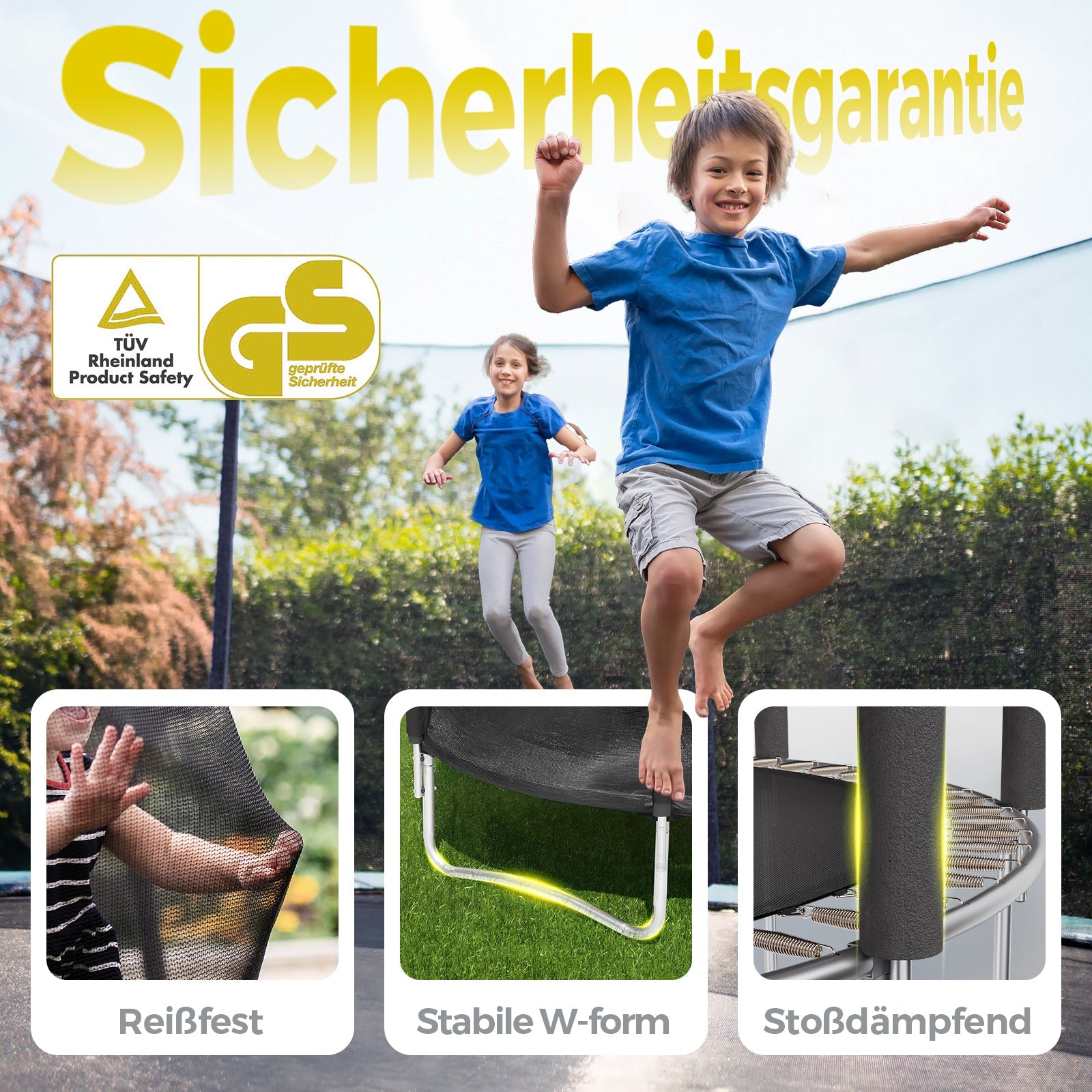Sekey Trampolin Ø 305 cm für den Garten – TÜV/GS-zertifiziertes Outdoor Trampolin mit Sicherheitsnetz, W-Beinen & Leiter – bis 150 kg belastbar, wetterfest & kindersicher Sekey
