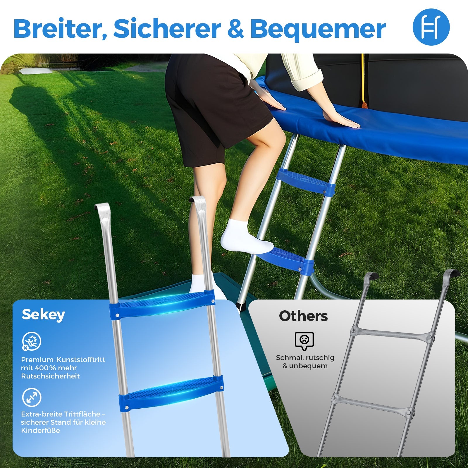 Sekey Trampolin Ø 366 cm für Garten – TÜV/GS-zertifiziertes Outdoor Trampolin mit Sicherheitsnetz, W-Beinen & Leiter – wetterfest & kindersicher, bis 150 kg belastbar Sekey