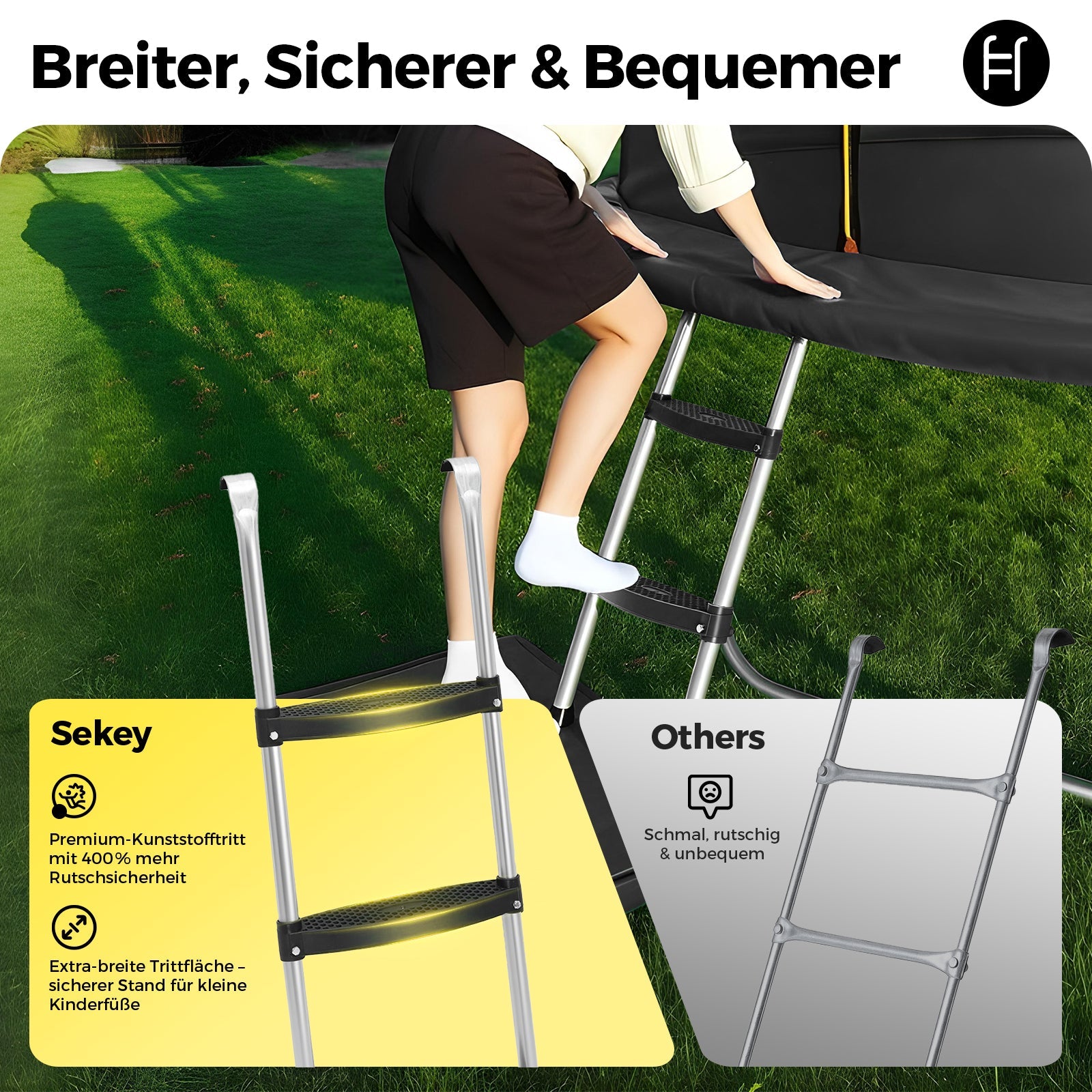 Sekey Trampolin Ø 305 cm für den Garten – TÜV/GS-zertifiziertes Outdoor Trampolin mit Sicherheitsnetz, W-Beinen & Leiter – bis 150 kg belastbar, wetterfest & kindersicher Sekey