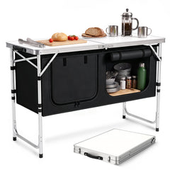 Sekey Campingtisch faltbar 120 cm, höhenverstellbarer Campingtisch mit 2 Staufächern, Outdoor Campingküche mit Aluminiumgestell, 54–70 cm, inkl. Tragetasche