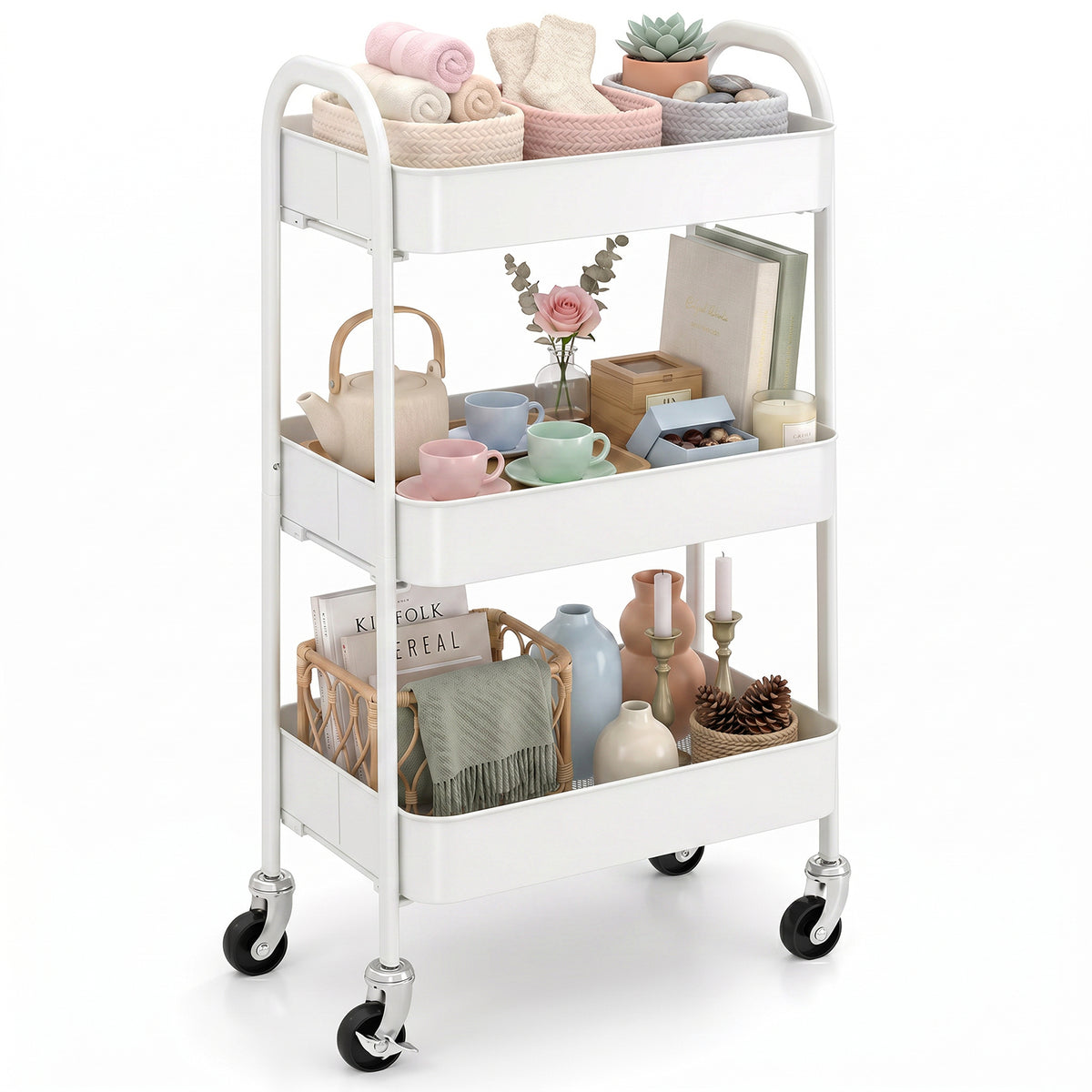 Sekey 3-Tier Rolling Cart – Steel Kitchen Cart with Rust-Resistant Coating, 360° Rubber Wheels &amp; Brake, Tool-Free Assembly, Versatile Serving Cart for Kitchen, Bathroom, Office &amp; More – White