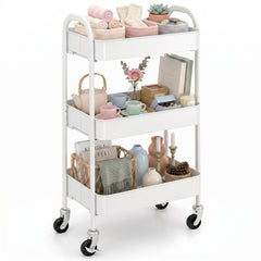 Sekey 3-Tier Rolling Cart – Steel Kitchen Cart with Rust-Resistant Coating, 360° Rubber Wheels &amp; Brake, Tool-Free Assembly, Versatile Serving Cart for Kitchen, Bathroom, Office &amp; More – White