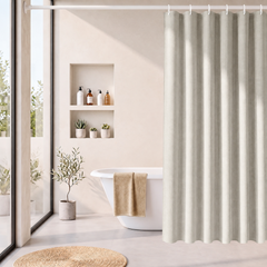 Sekey Duschvorhang, Beige, Wasserabweisender Badvorhang in Leinenoptik, 100 % Polyester, mit Beschwerungsband & 8 Duschvorhangringen, Waschbar bei 30 °C