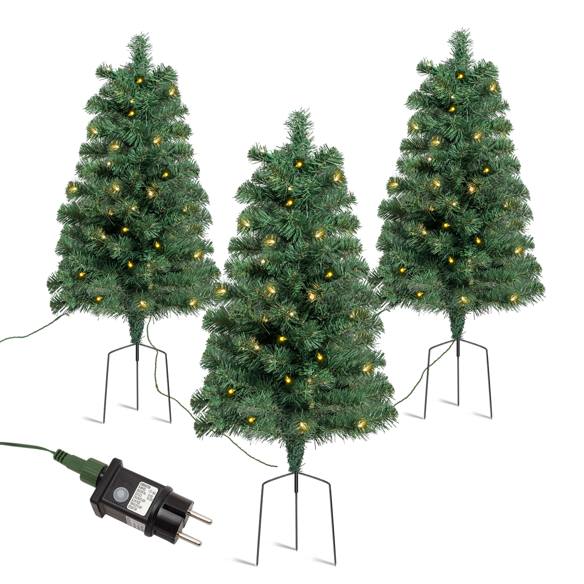SALCAR 3-piece set of artificial Christmas trees, 60 cm, with warm white LED lighting – PVC fir branches with ground spike, outdoor &amp; garden decoration with remote control &amp; timer