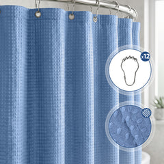 Sekey Blau Duschvorhang 180 × 200 cm, Textil Badewannenvorhang mit Waffelstruktur, Wasserabweisend & Waschbar, 100 % Polyester, mit Beschwerungsband & 12 Edelstahlringen
