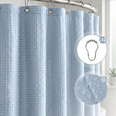 Sekey Nebelblau Duschvorhang 180 × 200 cm, Textil Badewannenvorhang mit Waffelstruktur, Wasserabweisend & Waschbar, 100 % Polyester, mit Beschwerungsband & 12 Edelstahlringen