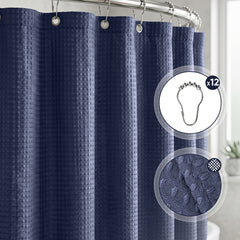 Sekey Dunkelblau Duschvorhang 180 × 200 cm, Textil Badewannenvorhang mit Waffelstruktur, Wasserabweisend & Waschbar, 100 % Polyester, mit Beschwerungsband & 12 Edelstahlringen
