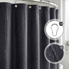 Sekey Schwarz Duschvorhang 180 × 200 cm, Textil Badewannenvorhang mit Waffelstruktur, Wasserabweisend & Waschbar, 100 % Polyester, mit Beschwerungsband & 12 Edelstahlringen