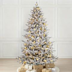 Artificial Christmas tree with snow and LED lighting – Realistic fir tree with metal stand, 180 cm / 210 cm, warm white light