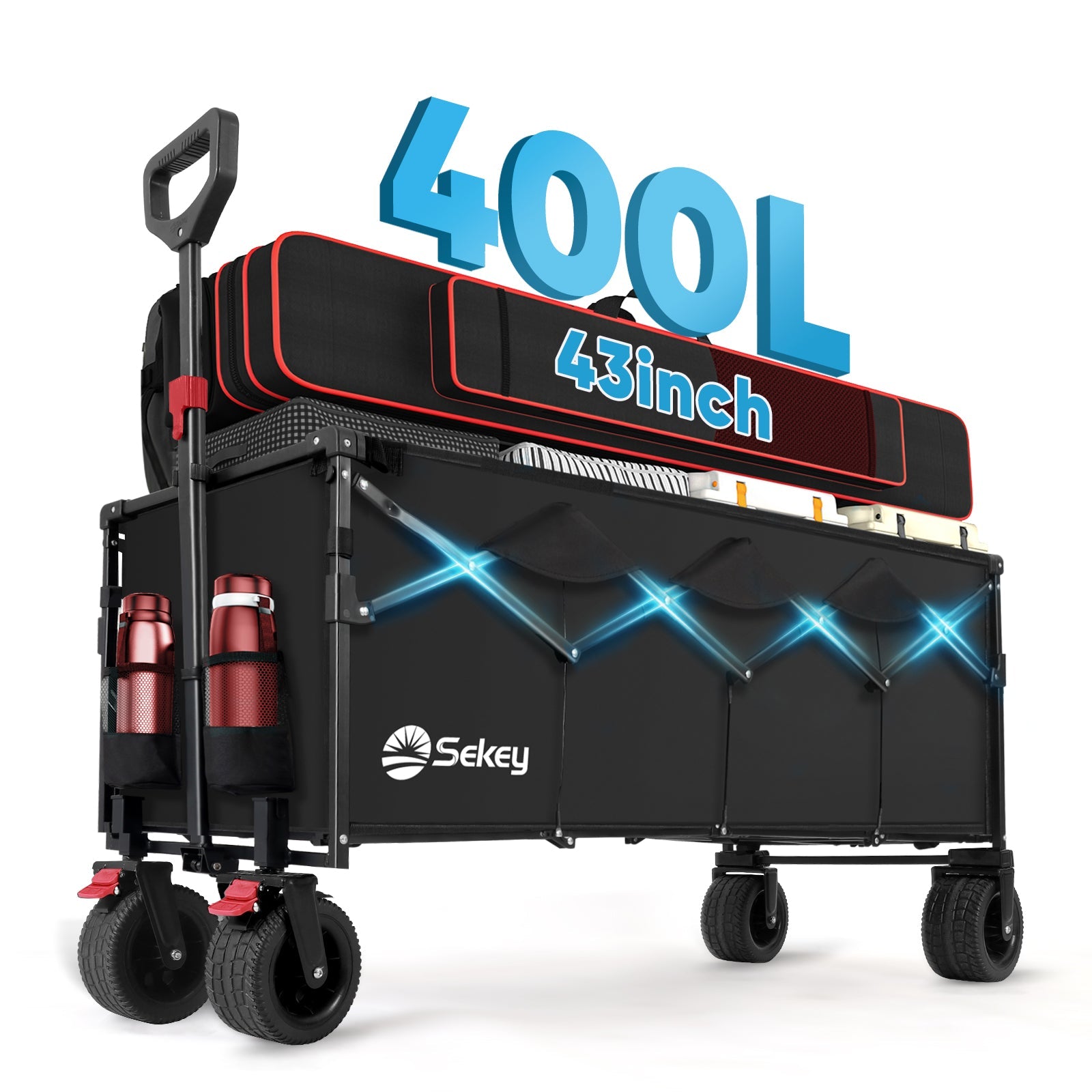 Sekey Faltbarer Bollerwagen 400 L, Extra Lang (110 cm), 200 kg Tragkraft, Schwerlast Transportwagen mit Geländerädern & Getränkehalter – Für Strand, Camping & Garten Sekey