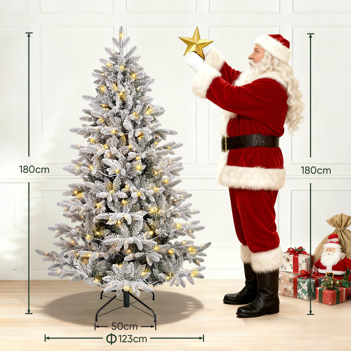 Artificial Christmas tree with snow and LED lighting – Realistic fir tree with metal stand, 180 cm / 210 cm, warm white light