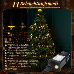 SALCAR LED Christmas Tree String Lights with Sparkling Icicles – Warm &amp; Cool White, 11 Modes, Timer &amp; Remote Control, IP44 Waterproof for Indoor &amp; Outdoor Use