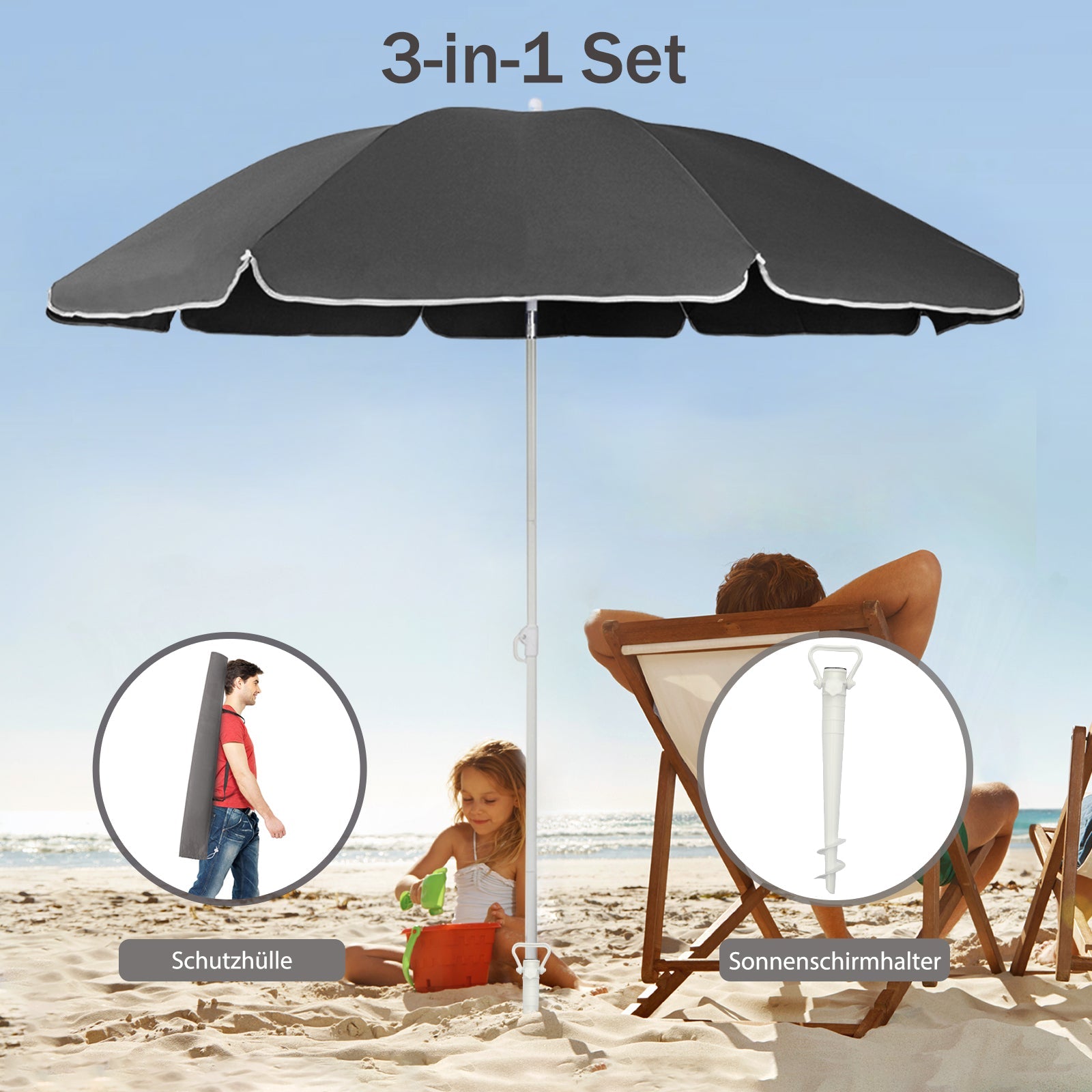 Sekey Sonnenschirm Ø160 cm rund mit Tragetasche & Bodenhülse, für Balkon & Strand Sekey