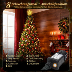Salcar Weihnachtsbaum Lichterkette mit Sternspitze & Fernbedienung – 1,5 m (260 LED), 2 m (430 LED) oder 3 m (500 LED) Überwurf Lichterkette, Warmweiß, 8 Modi, Timer, Innen & Außen