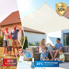 Sunula Sonnensegel wasserdicht Rechteckig – PES 160g/m² mit heißversiegelter Naht, UV-Schutz 95% UPF50+, reißfest & wetterfest mit Edelstahl-D-Ringen für Balkon, Terrasse & Garten (Creme)
