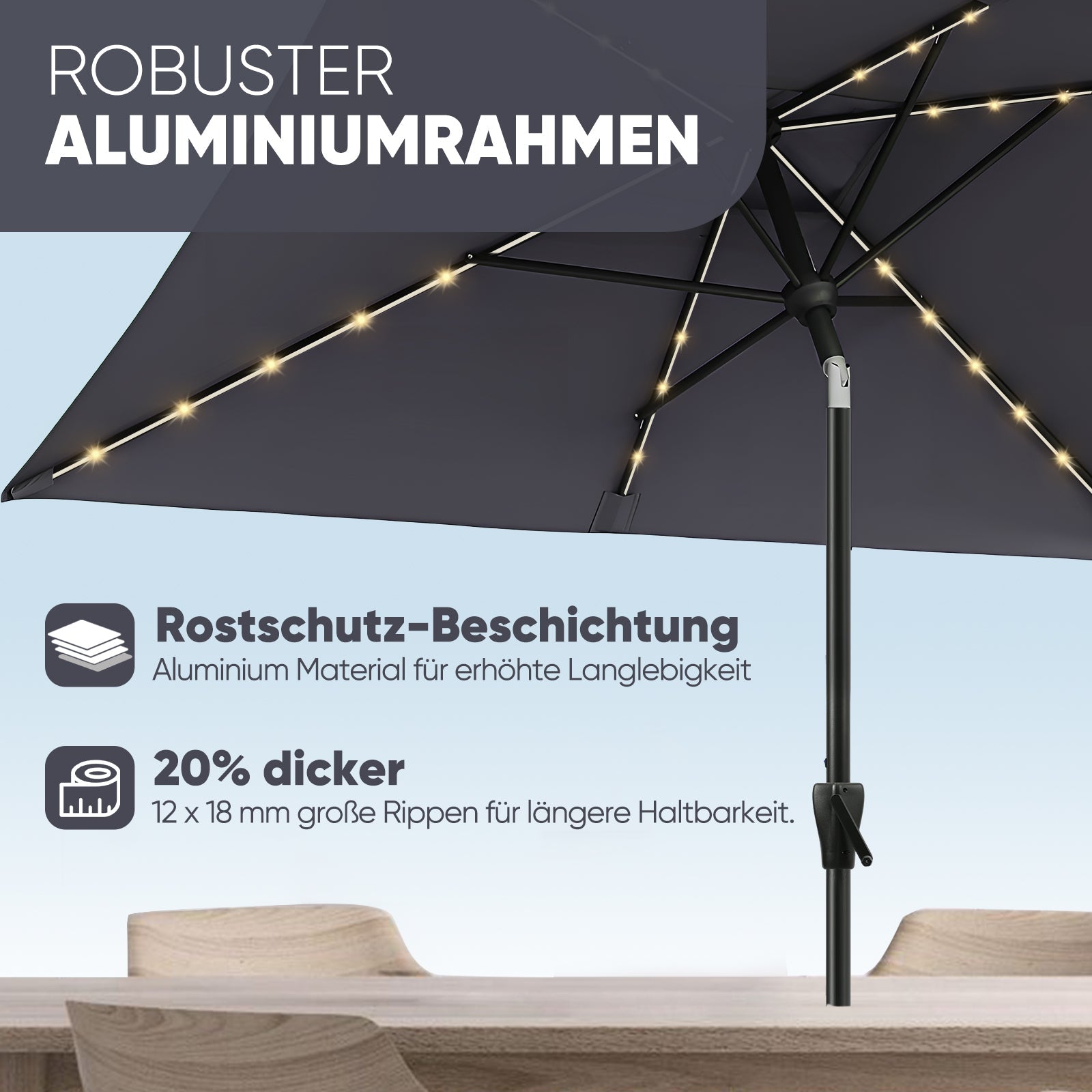 Sekey Sonnenschirm 300 x 200 cm Rechteckig Gartenschirm mit LED-Solar-Beleuchtung Sekey