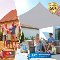 Sunula Sonnensegel wasserdicht Rechteckig – PES 160g/m² mit heißversiegelter Naht, UV-Schutz 95% UPF50+, reißfest & wetterfest mit Edelstahl-D-Ringen für Balkon, Terrasse & Garten (Hellgrau)