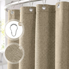 Sekey Hellbraun Duschvorhang 180 × 200 cm, Textil Badewannenvorhang in Leinenoptik, Wasserabweisend & Waschbar, 100 % Polyester, mit Beschwerungsband & 12 Edelstahlringen