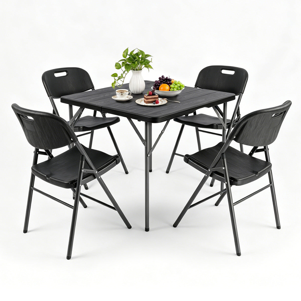Sekey 5-tlg. Gartengarnitur für 4 Personen, Klappbarer Gartentisch mit 4 Klappstühlen, Wetterfeste Gartenmöbel, Platzsparendes Balkonmöbel-Set für Terrasse, Balkon & Garten, Schwarz