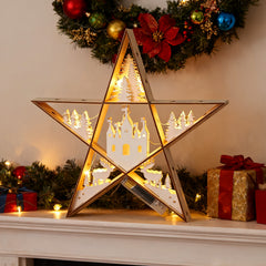 SALCAR LED Wooden Star 30 cm – Warm White Glowing Christmas Decoration Table Lamp, Battery Operated, Winter &amp; Advent Decoration for Table &amp; Window